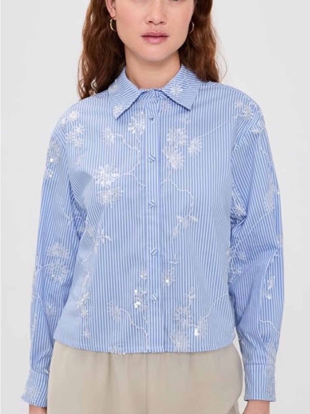 HUNTER BELL Blue and White Striped Floral Embroidered Button-Down Shirt